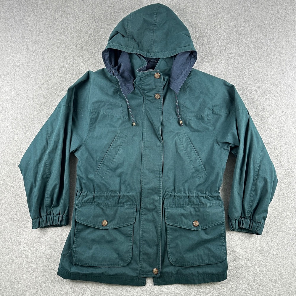 Vintage London Fog Jacket Mens L Green Hooded Parka Plaid Lined Full Zip